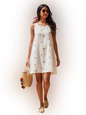 NWT Joie Citrus Embroidered Linen Blend Tank Mini Dress Ivory Orange Size Large